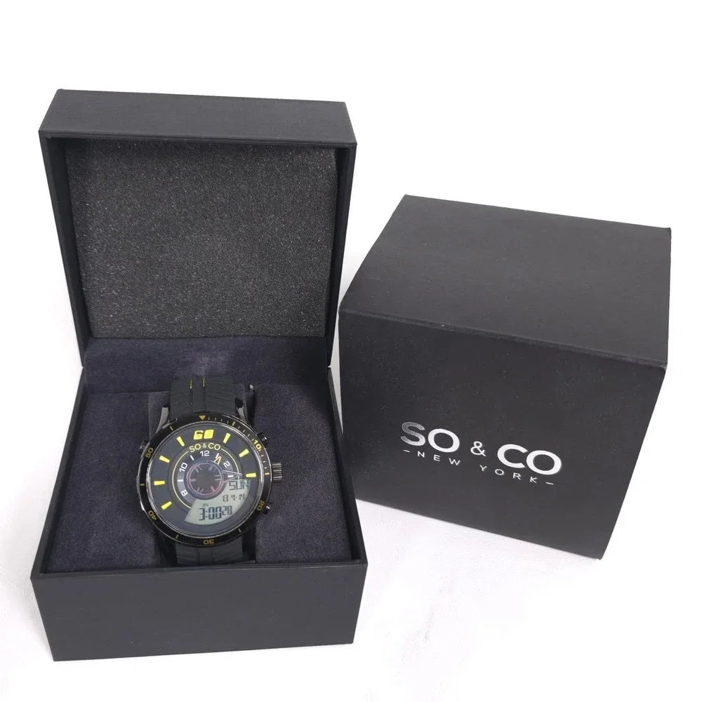 SO & CO NY New Mens Watch Analog Digital Black Yellow Sport 100M Water Resistant